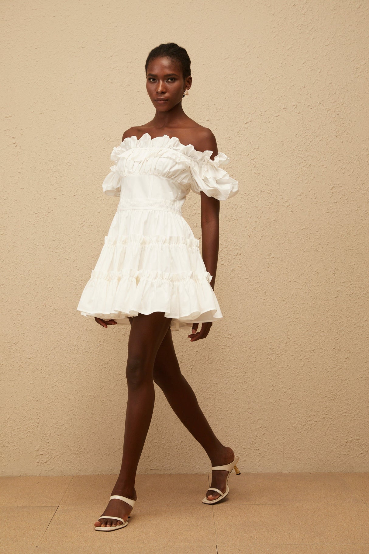 Aurohaya Irja White Off-Shoulder Shirred Mini Dress