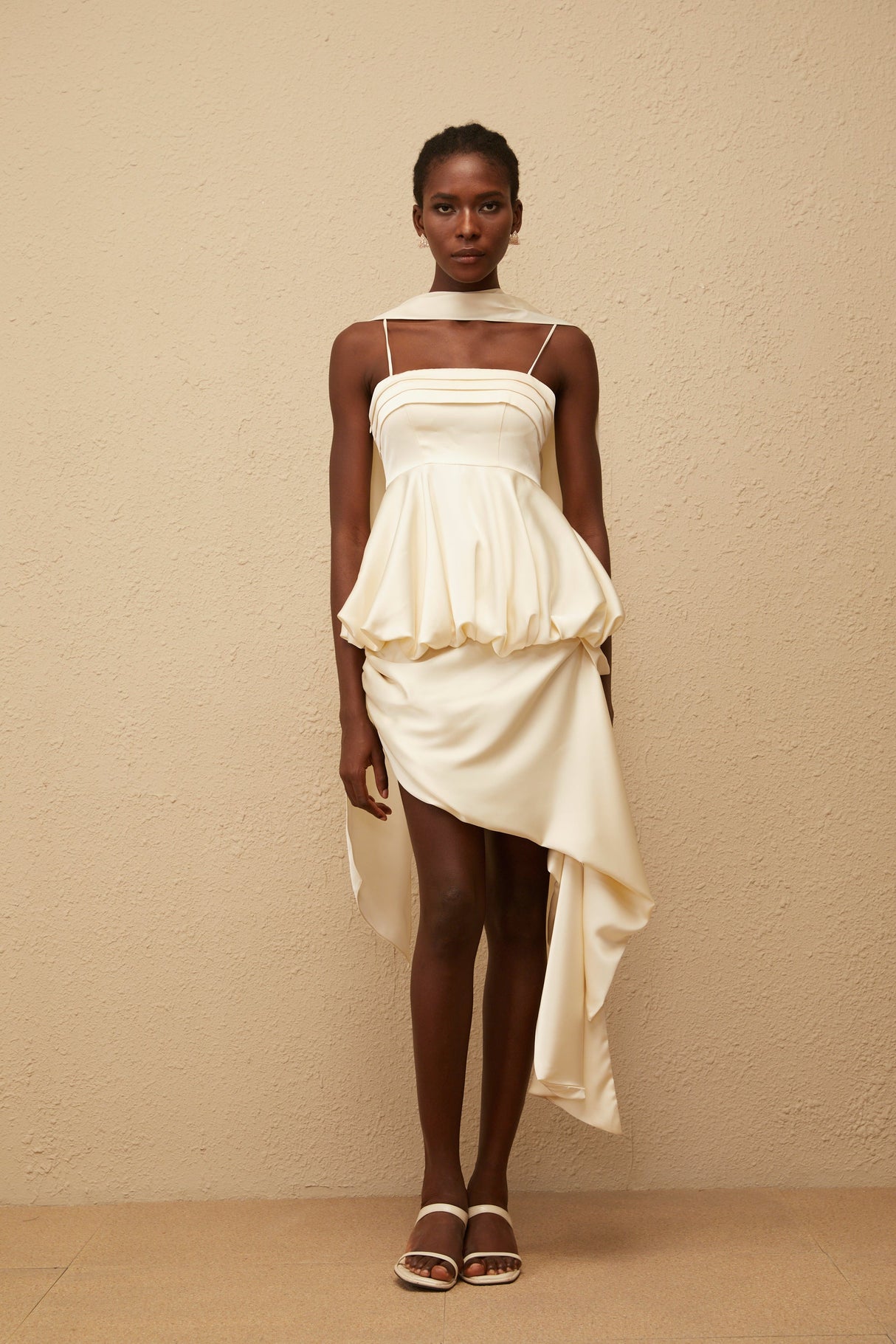 Aurohaya Opale Neutral Asymmetrical Satin Mini Dress
