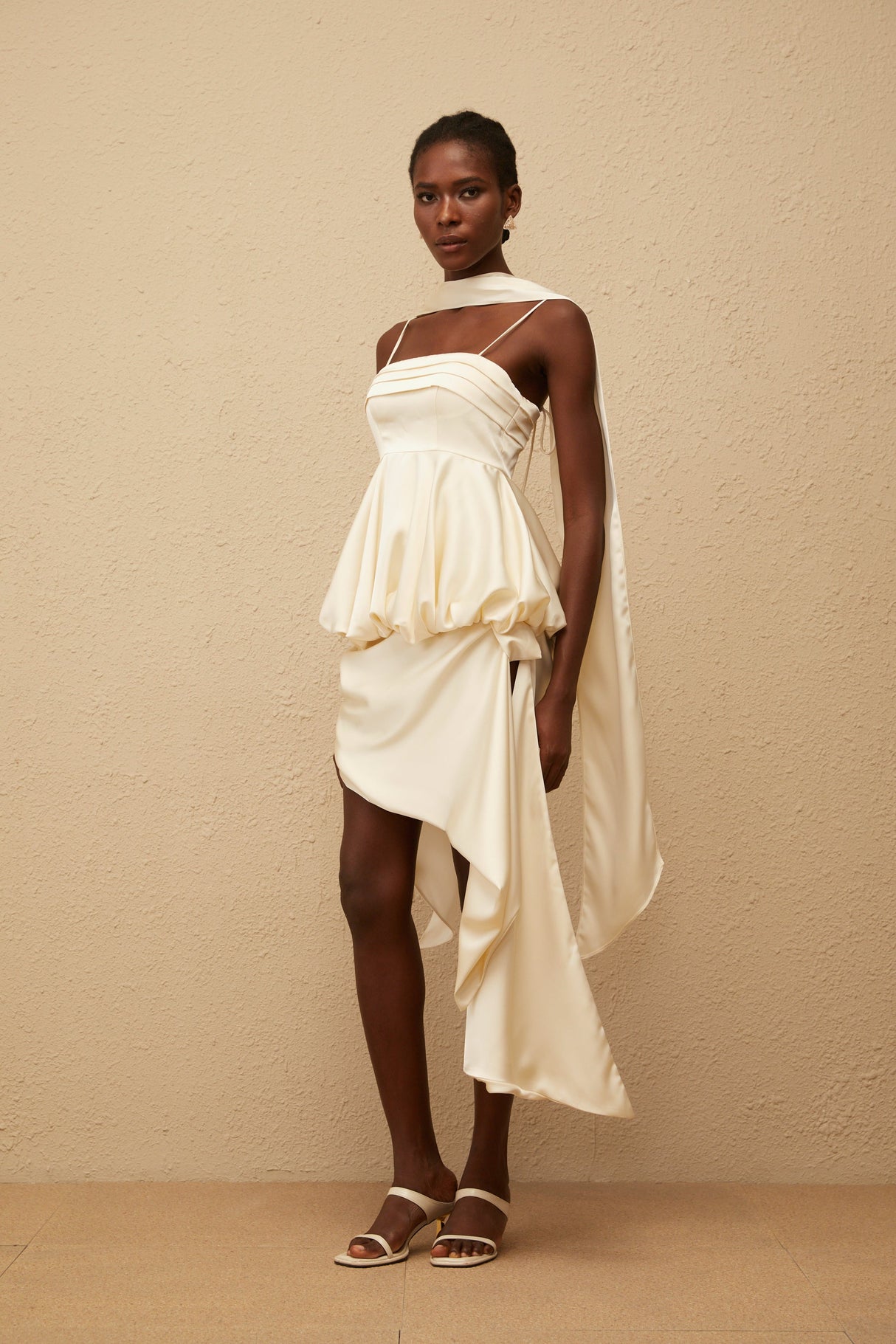 Aurohaya Opale Neutral Asymmetrical Satin Mini Dress