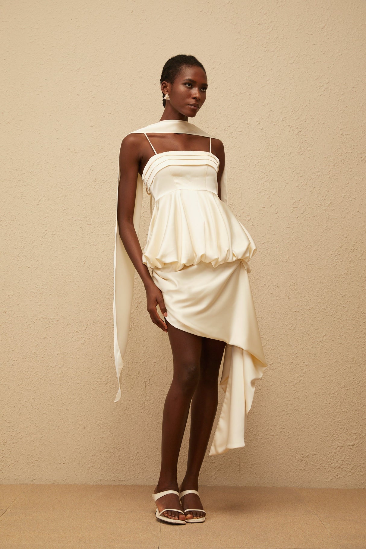 Aurohaya Opale Neutral Asymmetrical Satin Mini Dress