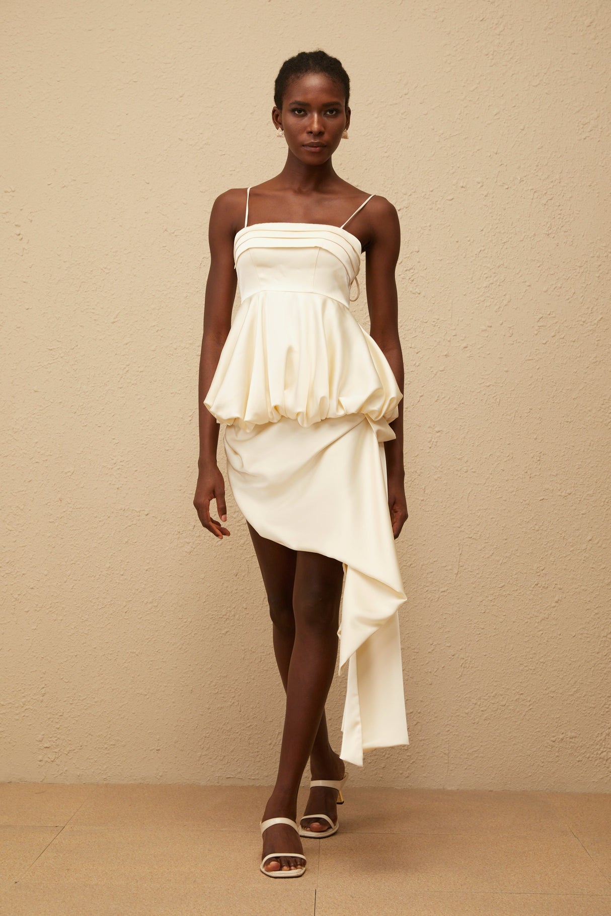 Aurohaya Opale Neutral Asymmetrical Satin Mini Dress