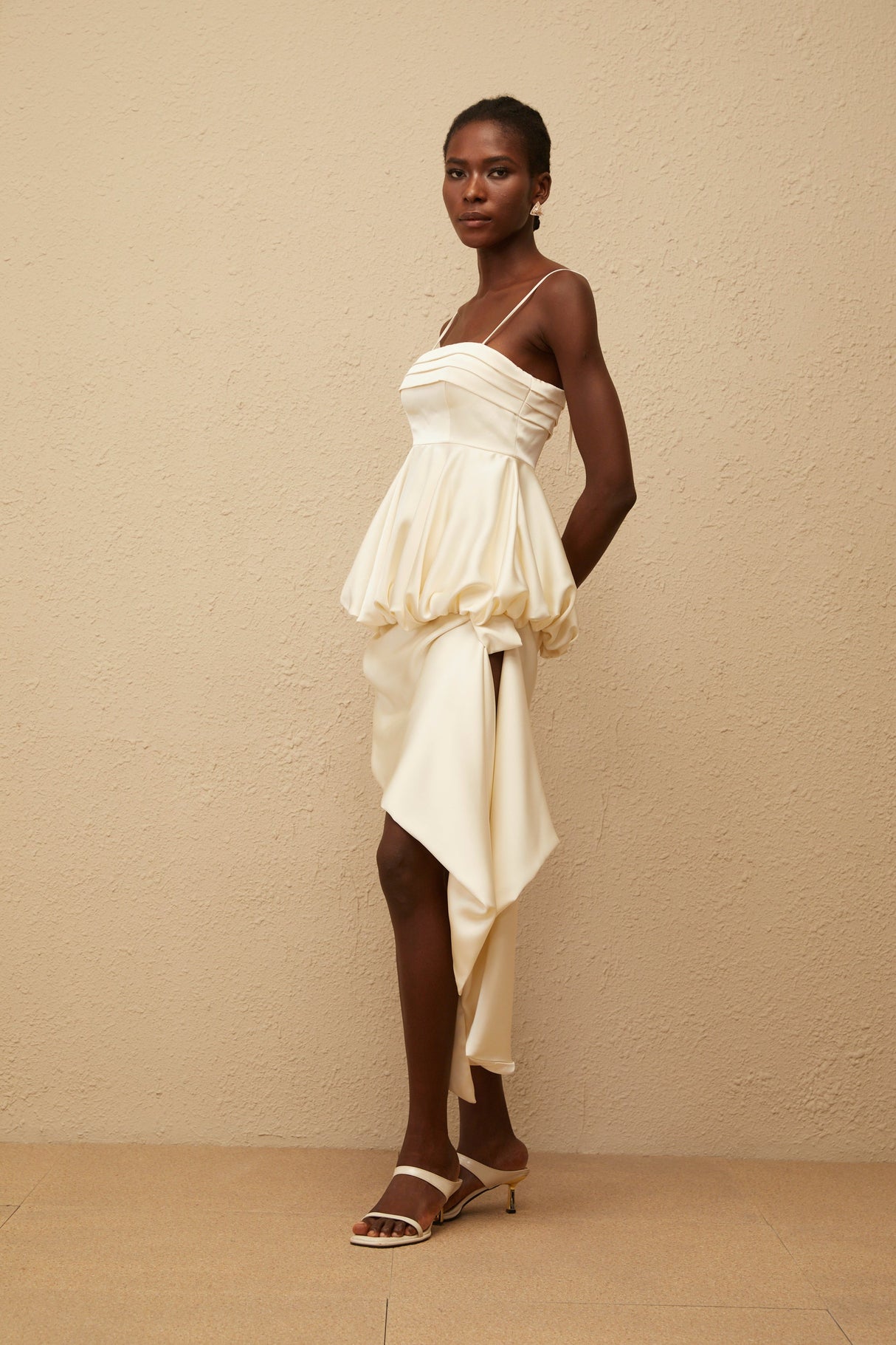 Aurohaya Opale Neutral Asymmetrical Satin Mini Dress