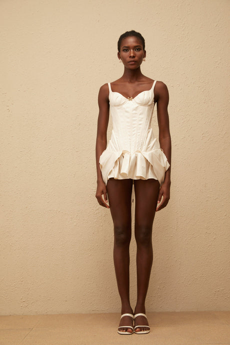 Aurohaya Léana White Ruffled Detail Bustier Mini Dress