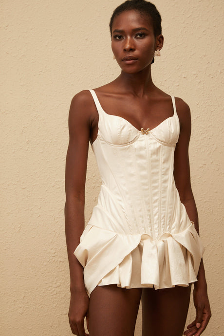 Aurohaya Léana White Ruffled Detail Bustier Mini Dress