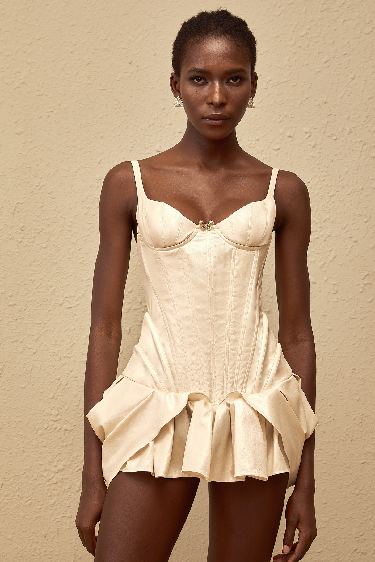Aurohaya Léana White Ruffled Detail Bustier Mini Dress