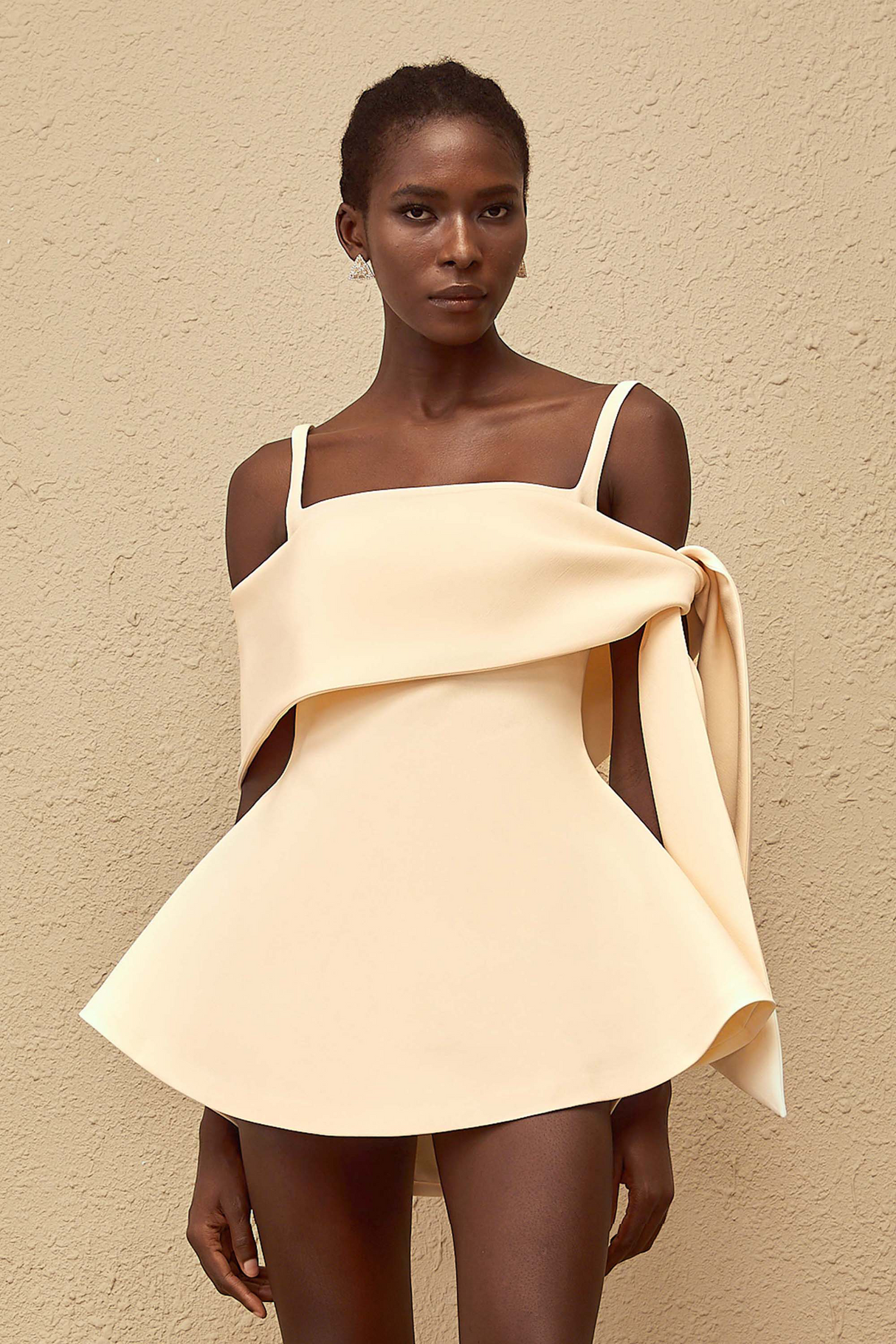 Aurohaya Garance Cream White Self Tie Flared Mini Dress