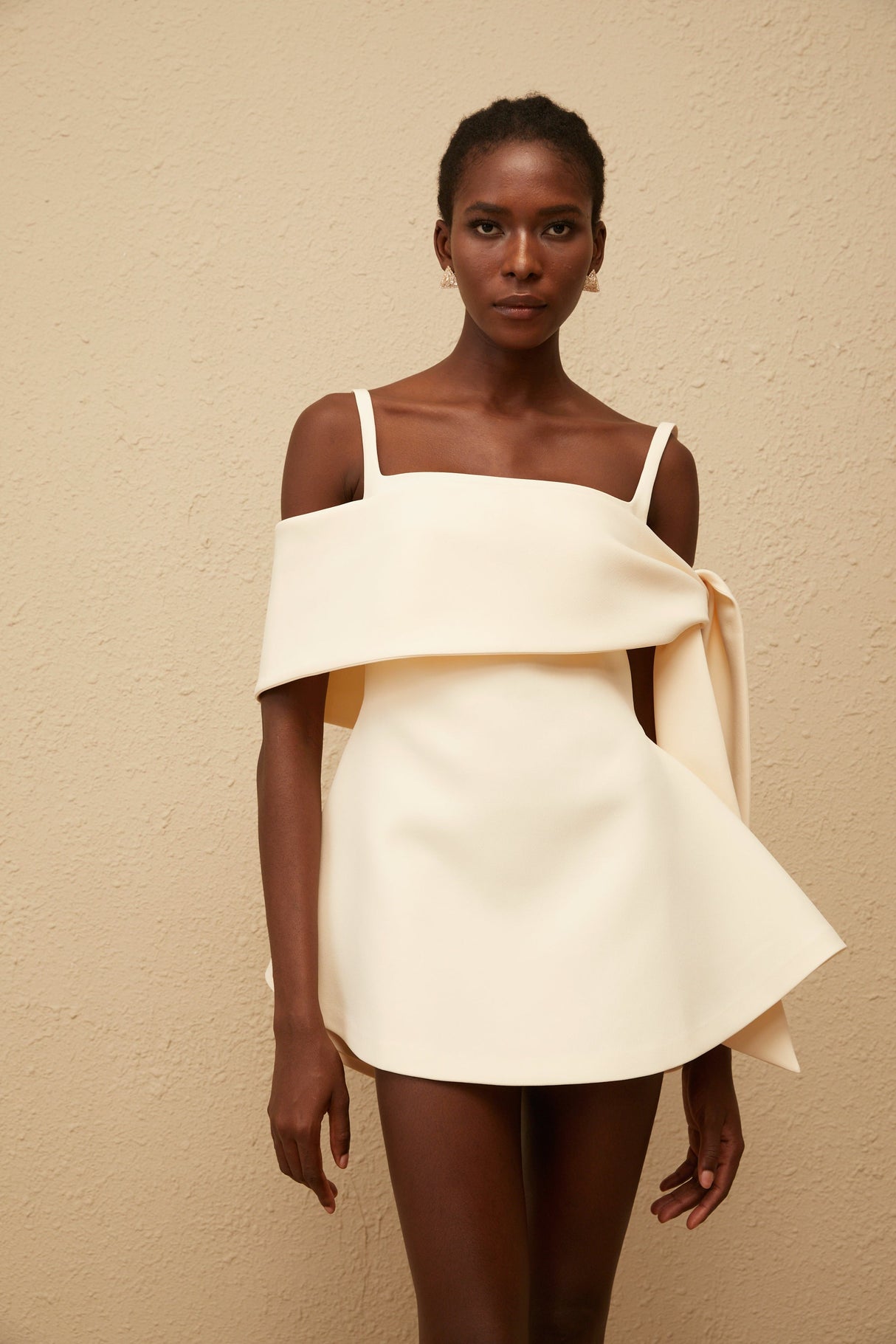 Aurohaya Garance Cream White Self Tie Flared Mini Dress