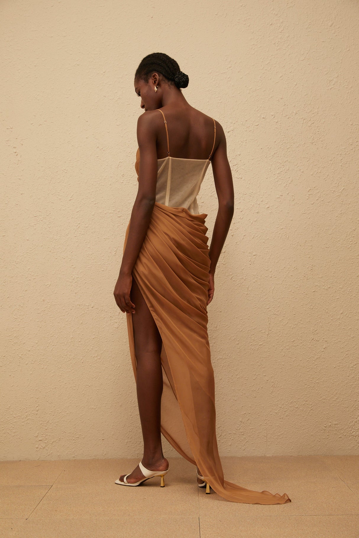 Aurohaya Charisa Khaki Draped Chiffon Maxi Dress