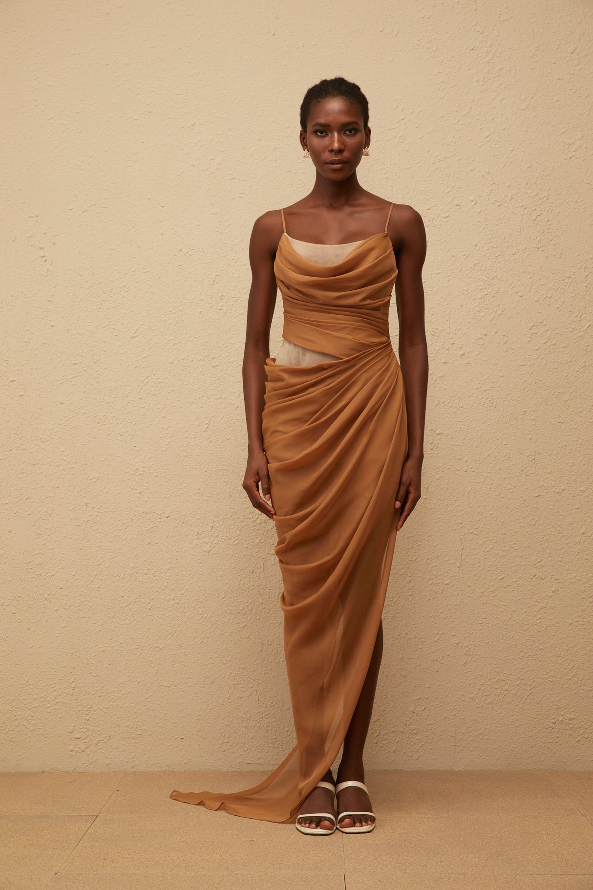 Aurohaya Charisa Khaki Draped Chiffon Maxi Dress