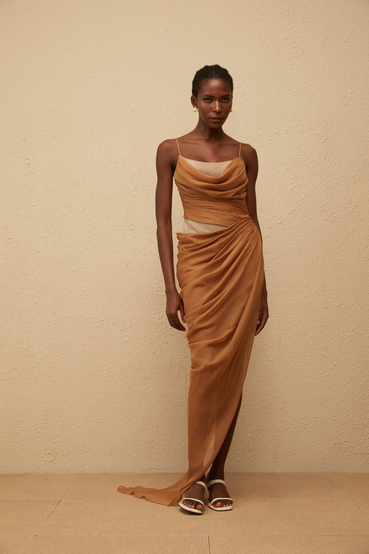 Aurohaya Charisa Khaki Draped Chiffon Maxi Dress