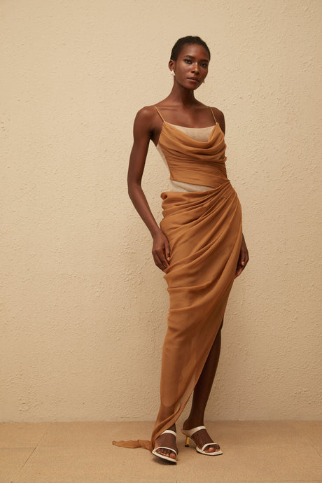Aurohaya Charisa Khaki Draped Chiffon Maxi Dress