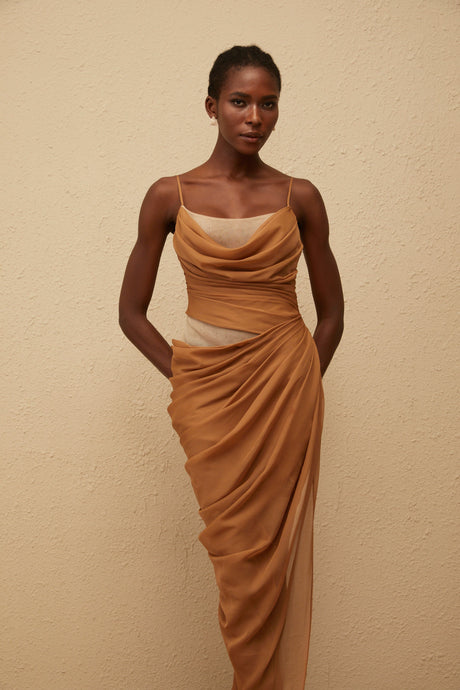 Aurohaya Charisa Khaki Draped Chiffon Maxi Dress