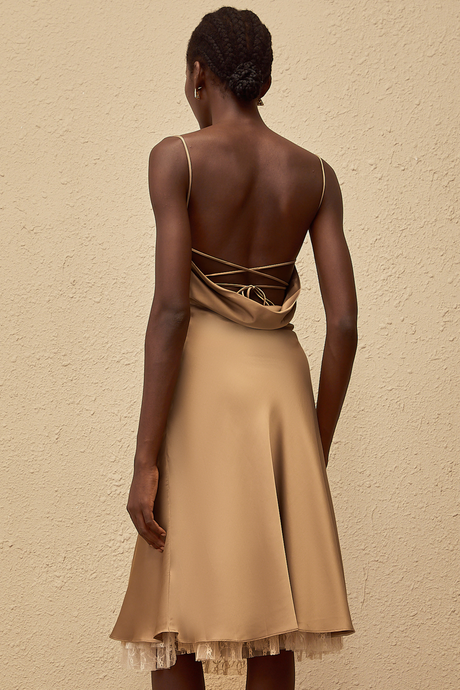 Aurohaya Ananias Khaki Lace Panel Satin Midi Dress