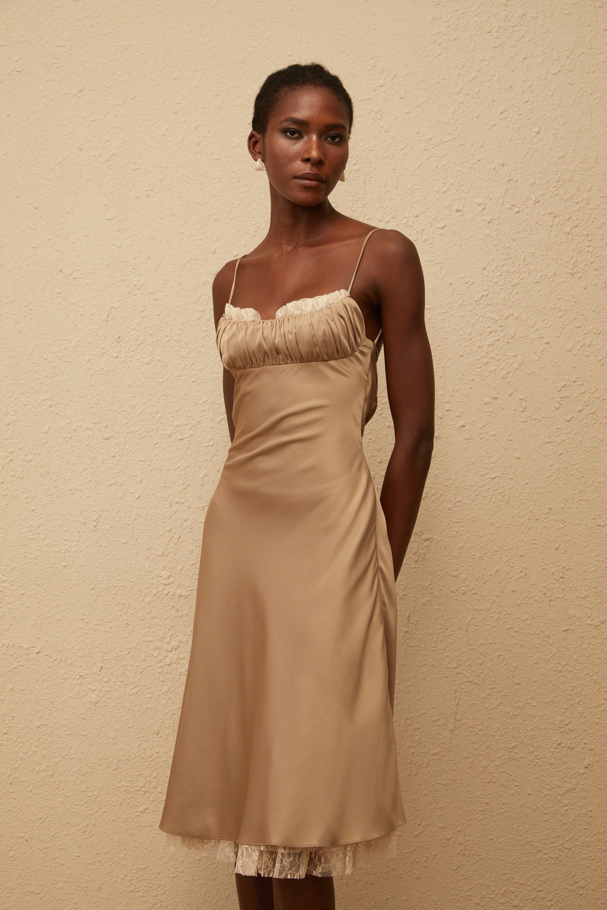 Aurohaya Ananias Khaki Lace Panel Satin Midi Dress