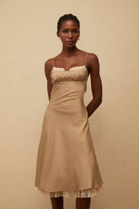 Aurohaya Ananias Khaki Lace Panel Satin Midi Dress