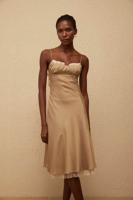 Aurohaya Ananias Khaki Lace Panel Satin Midi Dress