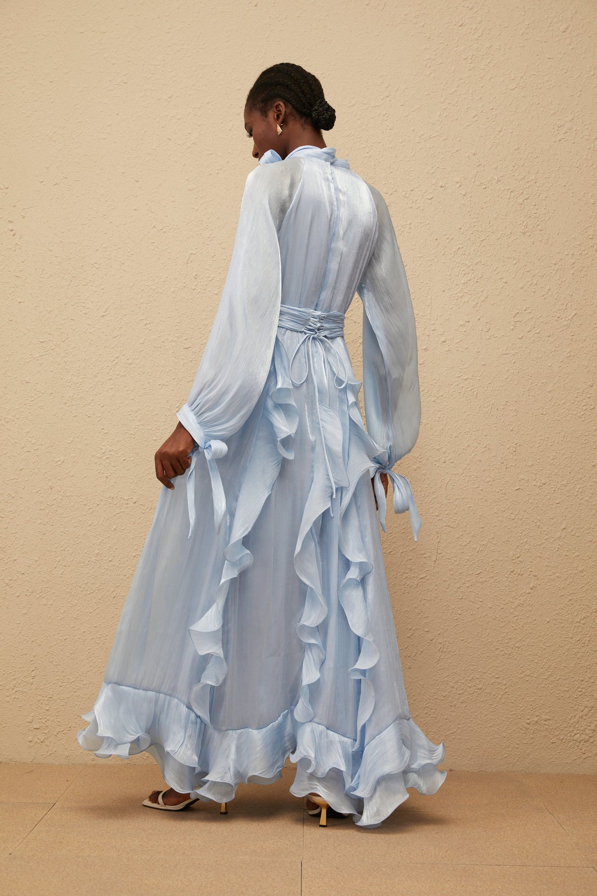 Aurohaya Nanette Blue Glossy Pleated Maxi Dress