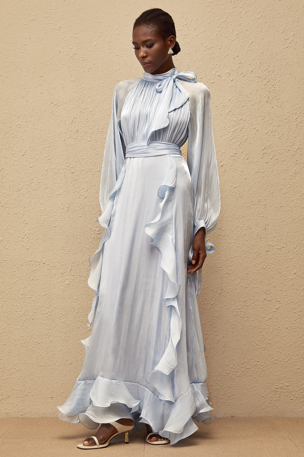 Aurohaya Nanette Blue Glossy Pleated Maxi Dress