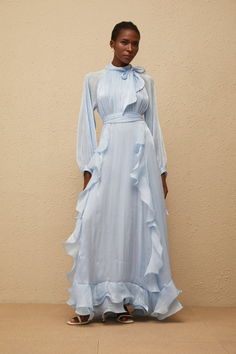 Aurohaya Nanette Blue Glossy Pleated Maxi Dress