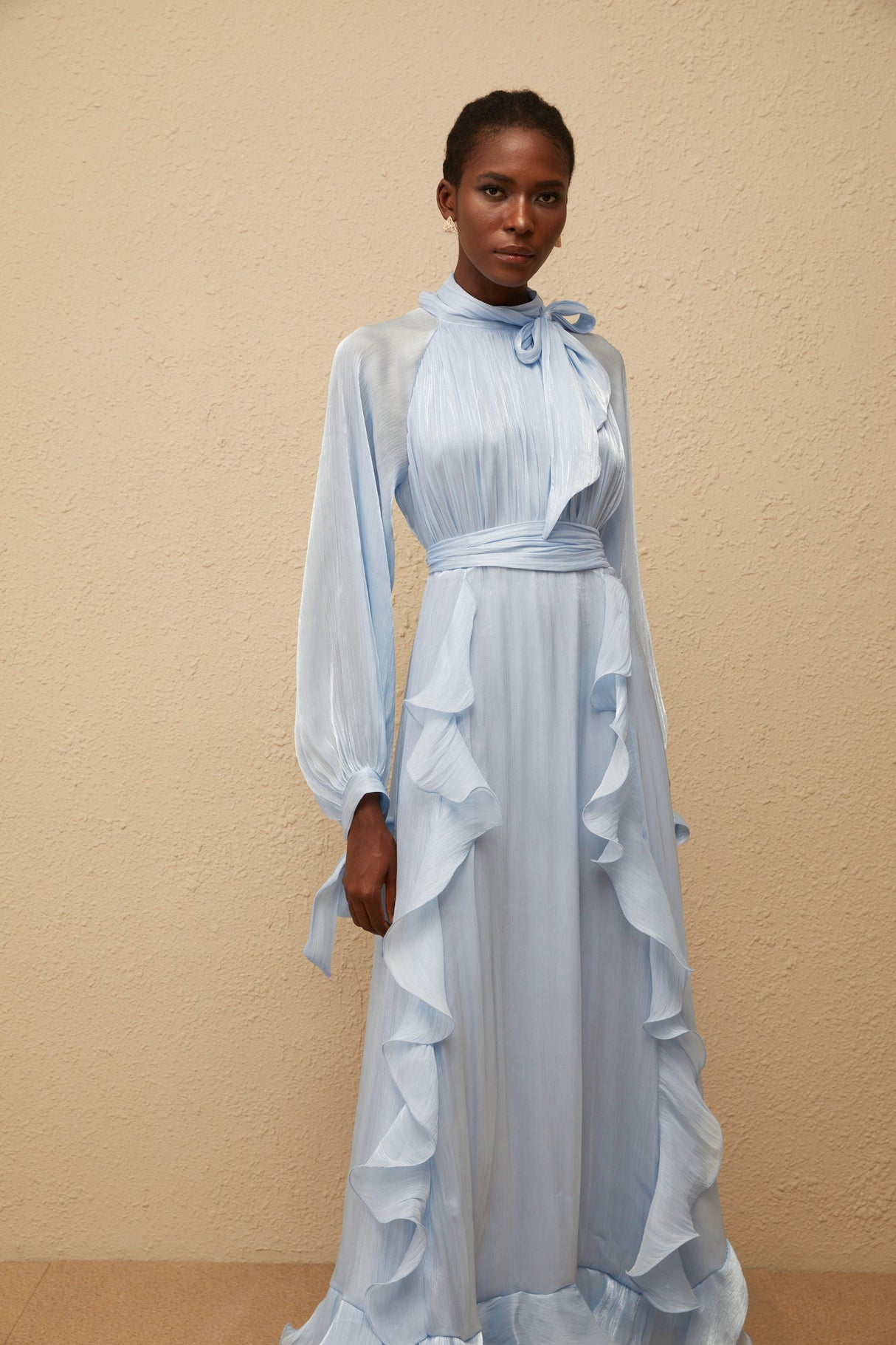 Aurohaya Nanette Blue Glossy Pleated Maxi Dress