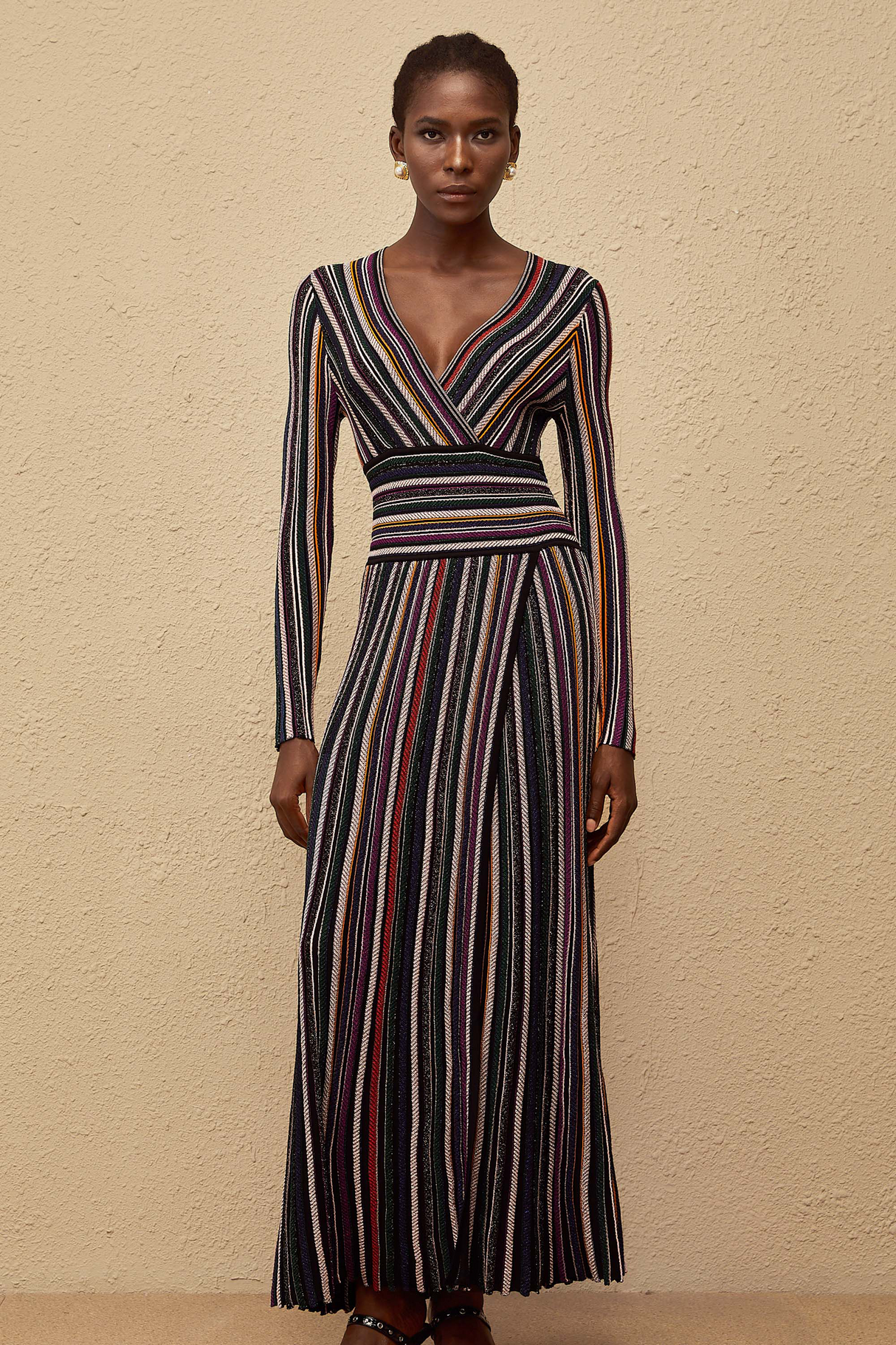 Aurohaya Phoebe Black Vertical Stripe Knit Maxi Dress