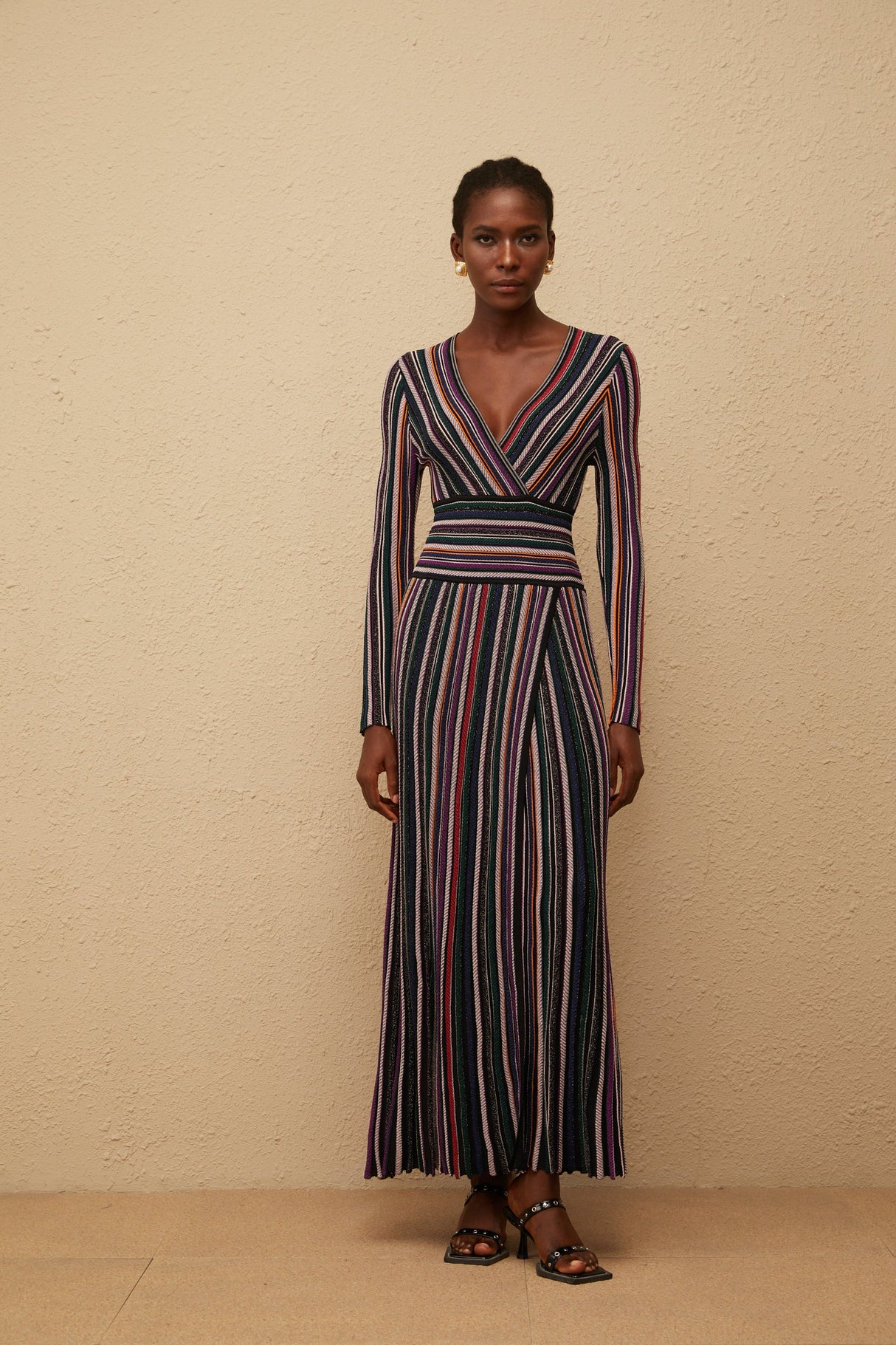 Aurohaya Phoebe Black Vertical Stripe Knit Maxi Dress