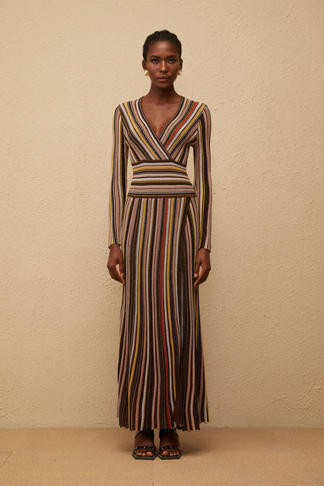 Aurohaya Phoebe Brown Vertical Stripe Knit Midi Dress