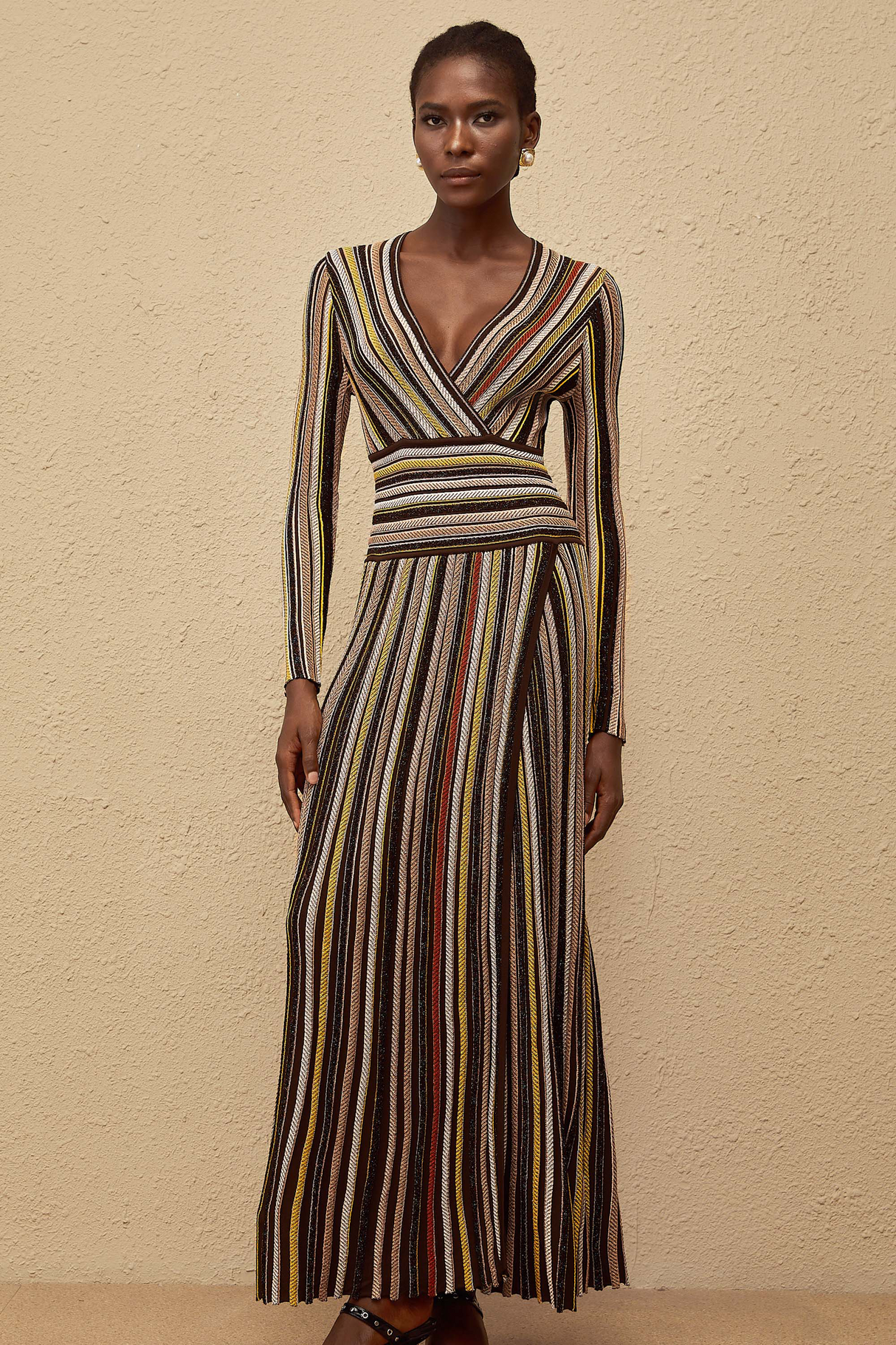 Aurohaya Phoebe Brown Vertical Stripe Knit Midi Dress