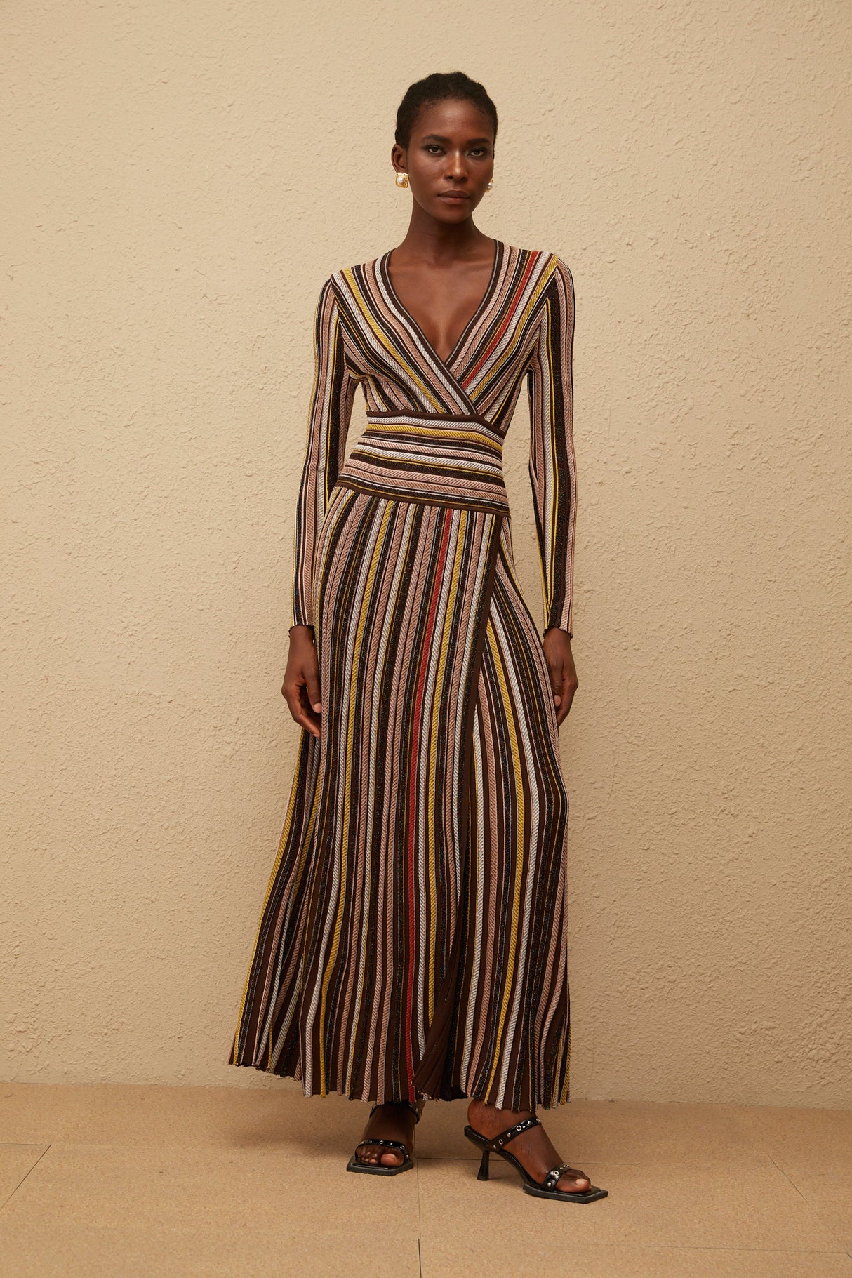 Aurohaya Phoebe Brown Vertical Stripe Knit Midi Dress