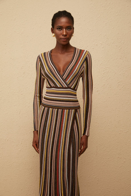 Aurohaya Phoebe Brown Vertical Stripe Knit Midi Dress