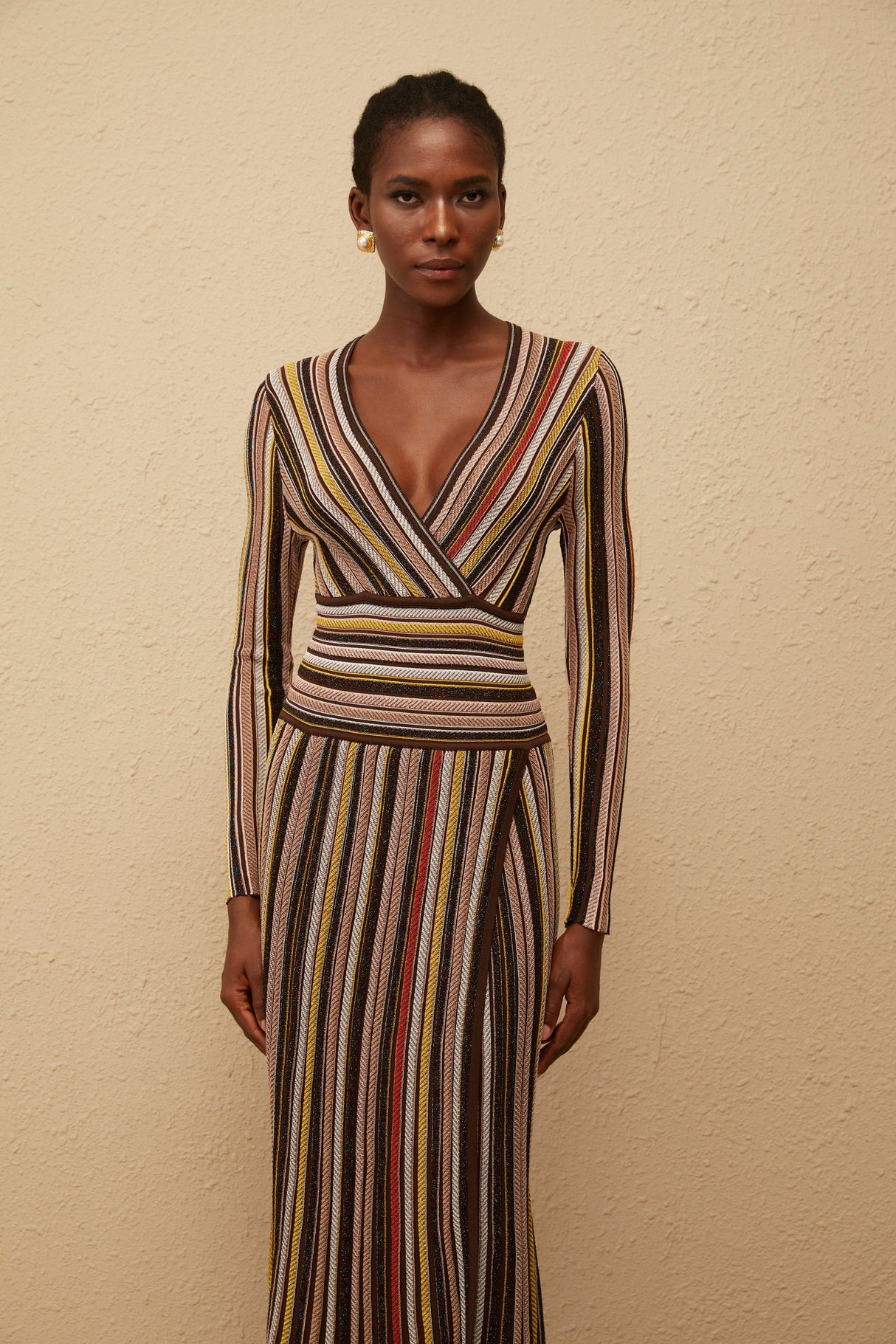 Aurohaya Phoebe Brown Vertical Stripe Knit Midi Dress