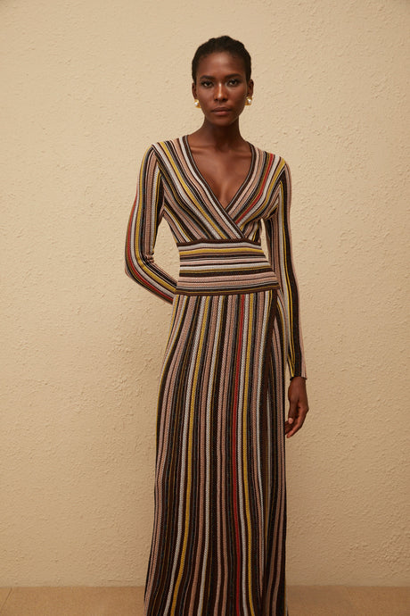 Aurohaya Phoebe Brown Vertical Stripe Knit Midi Dress