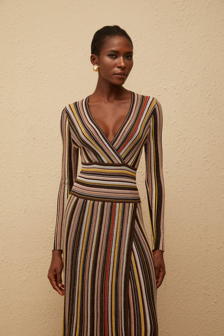 Aurohaya Phoebe Brown Vertical Stripe Knit Midi Dress