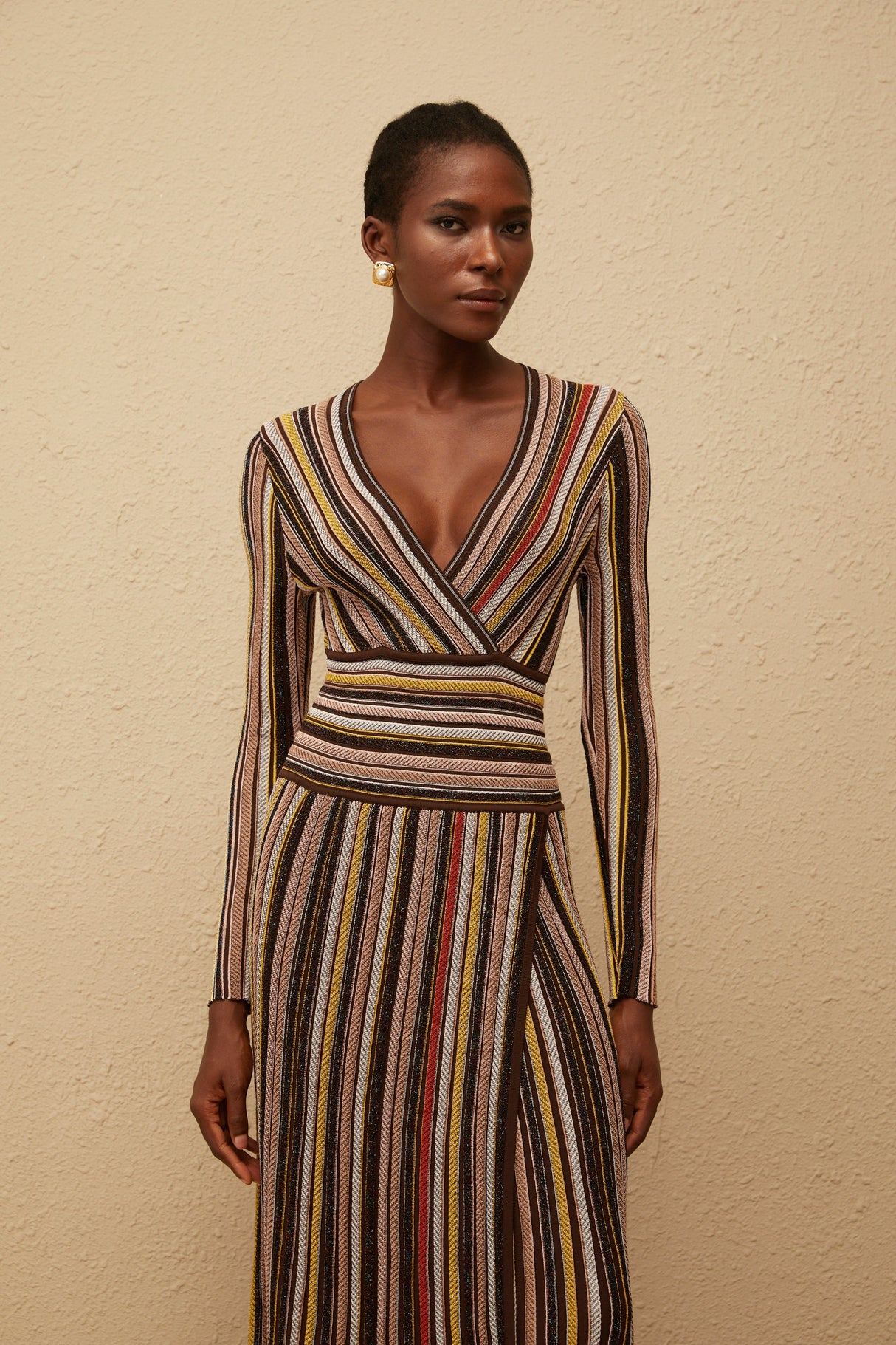 Aurohaya Phoebe Brown Vertical Stripe Knit Midi Dress