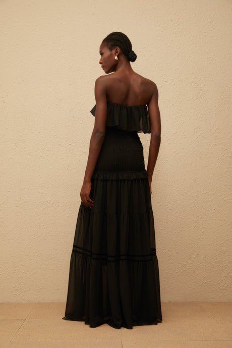 Aurohaya Karoliina Black Off-Shoulder Smocked Panel Maxi Dress