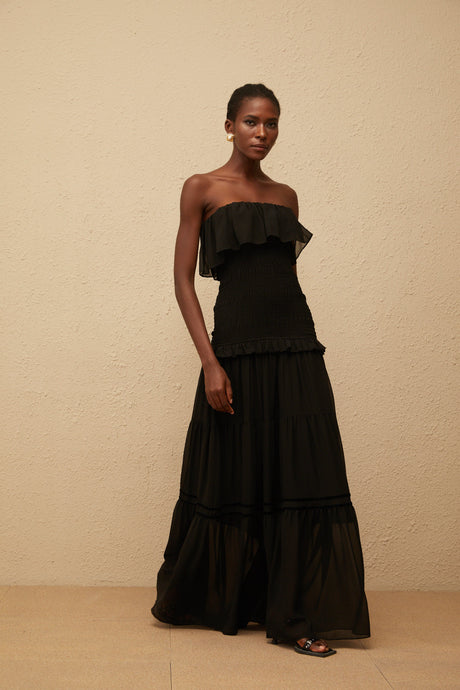Aurohaya Karoliina Black Off-Shoulder Smocked Panel Maxi Dress