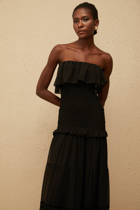 Aurohaya Karoliina Black Off-Shoulder Smocked Panel Maxi Dress