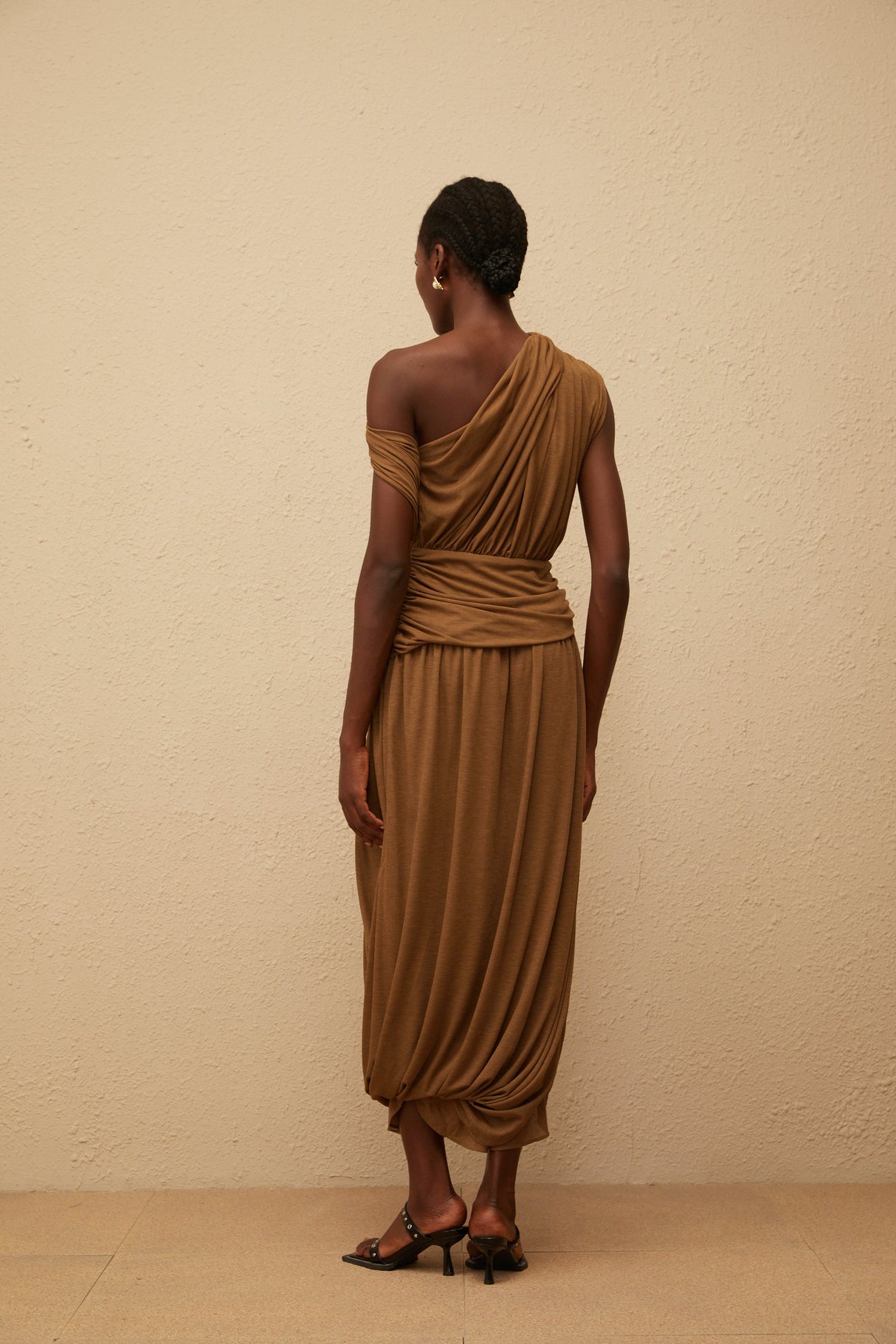 Aurohaya Catarina Brown Asymmetrical Ruched Maxi Dress