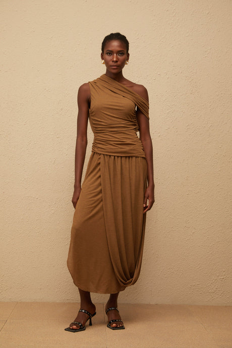 Aurohaya Catarina Brown Asymmetrical Ruched Maxi Dress