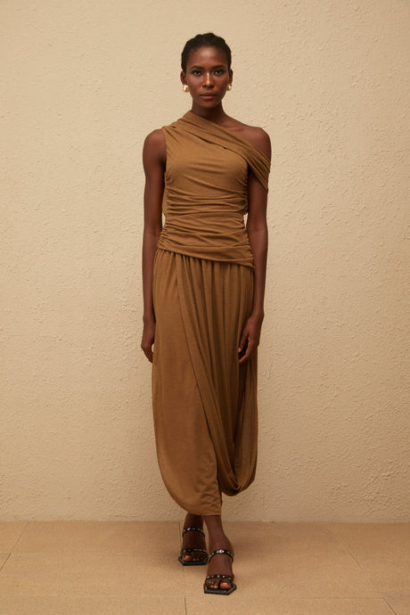 Aurohaya Catarina Brown Asymmetrical Ruched Maxi Dress