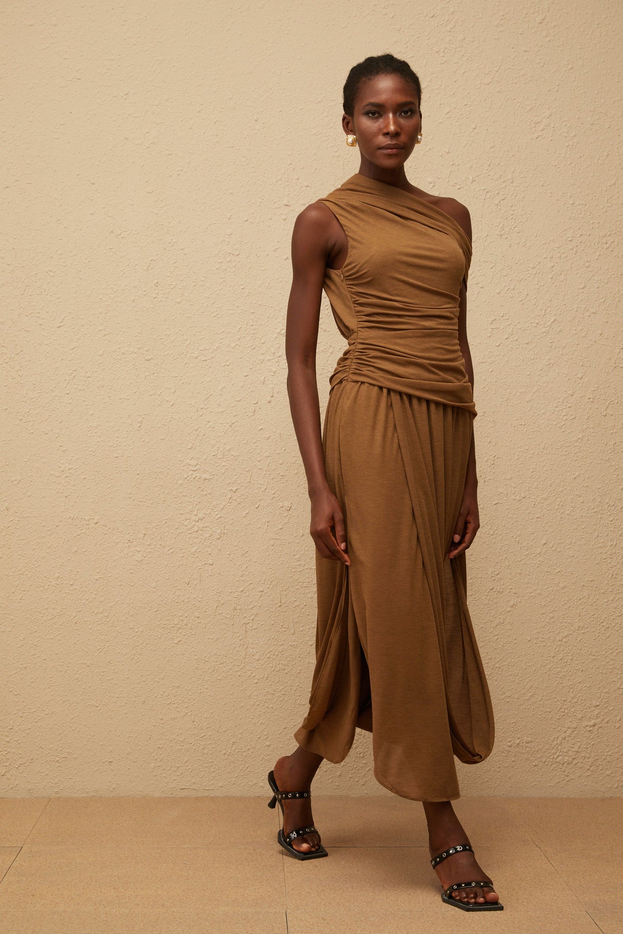 Aurohaya Catarina Brown Asymmetrical Ruched Maxi Dress