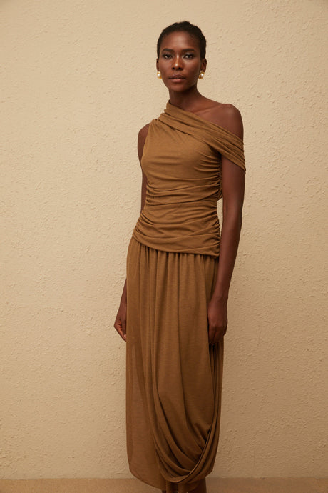 Aurohaya Catarina Brown Asymmetrical Ruched Maxi Dress