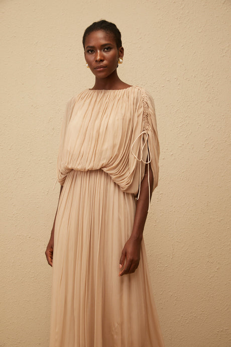 Aurohaya Charitina Neutral Fully Pleated Blouse & Skirt Set