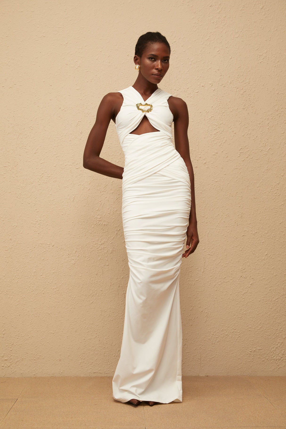 Aurohaya Capucine White Ruched Corset Maxi Dress