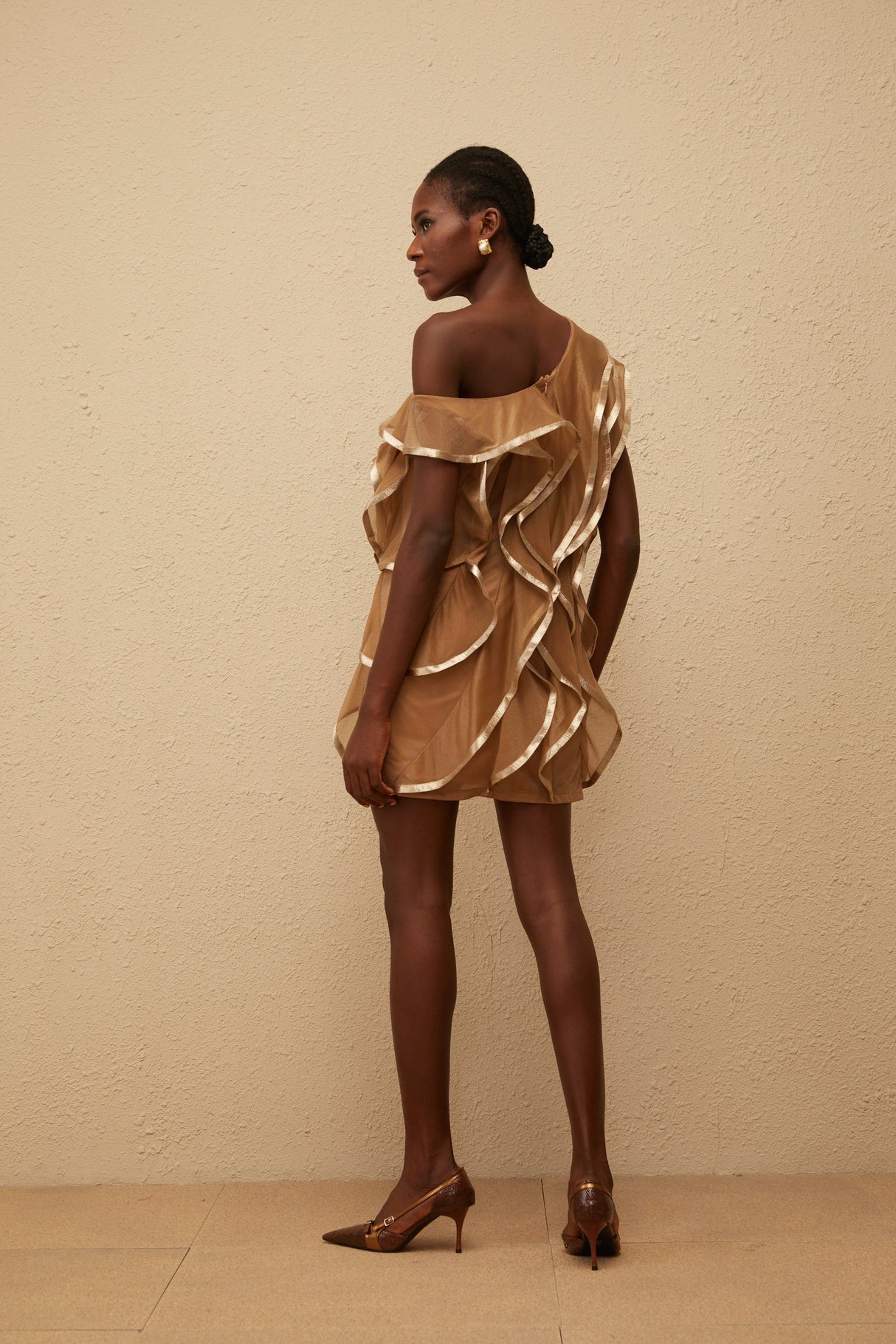 Aurohaya Alchimie Brown Ruffled Tulle Mini Dress