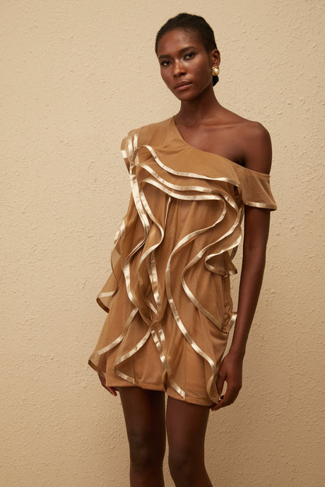 Aurohaya Alchimie Brown Ruffled Tulle Mini Dress