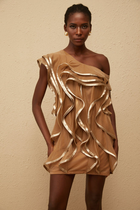 Aurohaya Alchimie Brown Ruffled Tulle Mini Dress