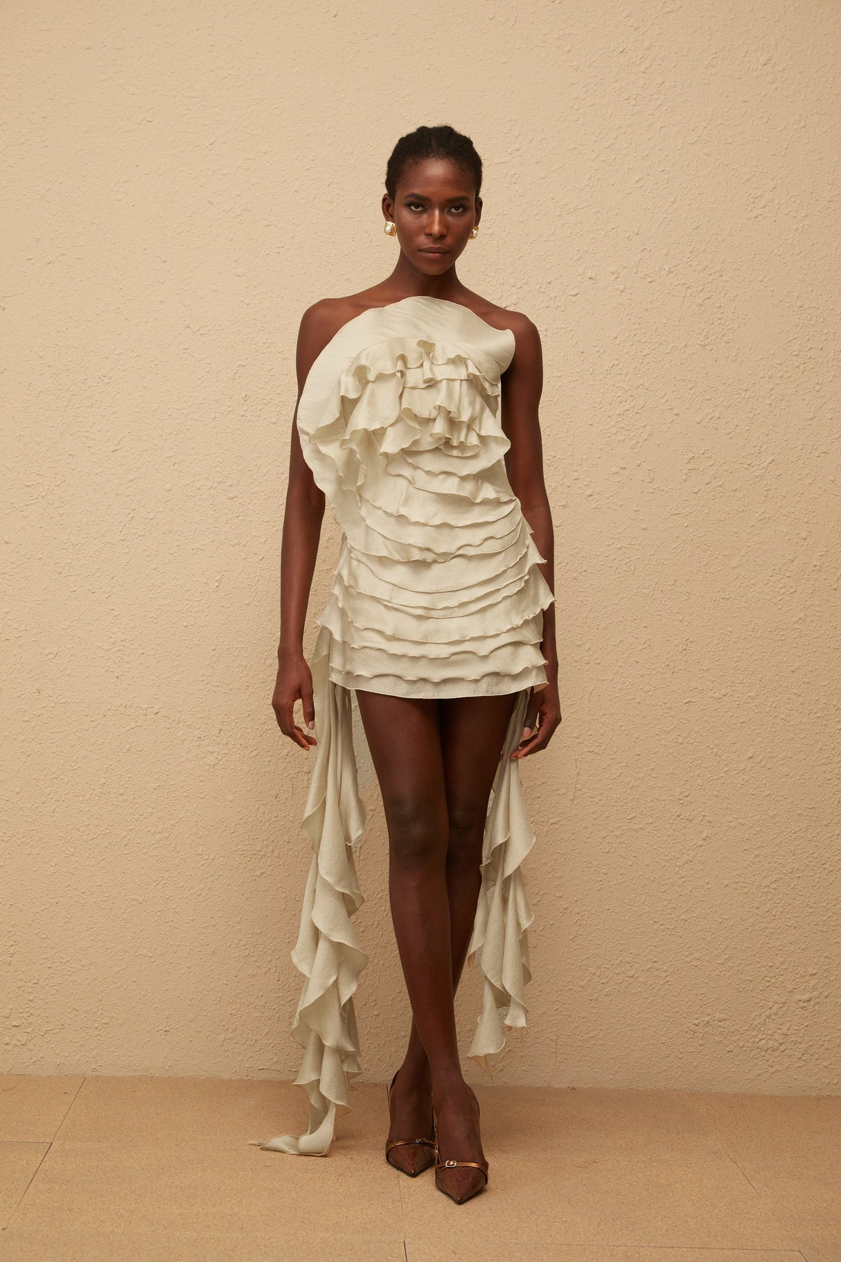 Aurohaya Anneli Neutral Off-Shoulder Ruffled Mini Dress