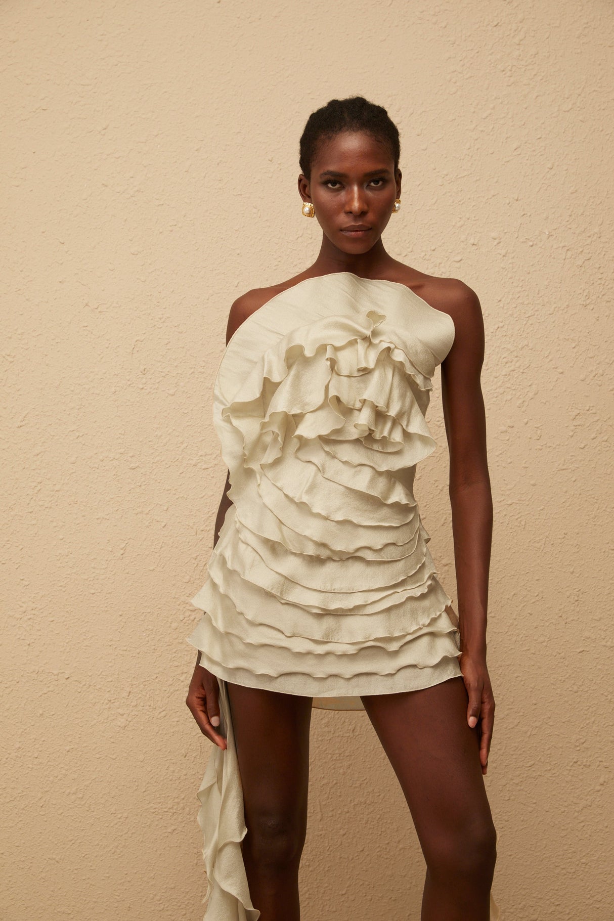 Aurohaya Anneli Neutral Off-Shoulder Ruffled Mini Dress