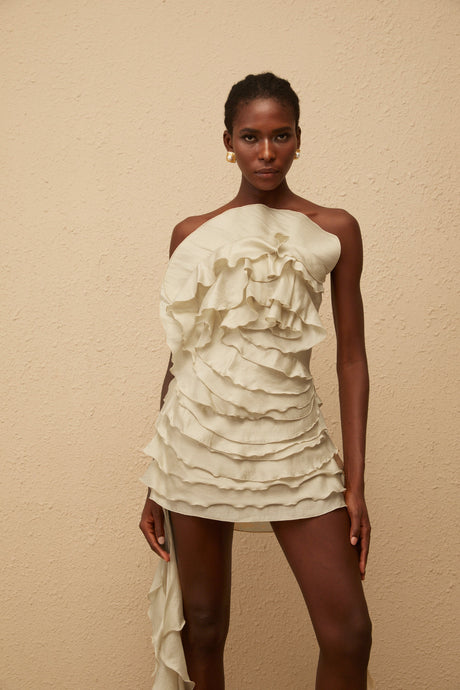 Aurohaya Anneli Neutral Off-Shoulder Ruffled Mini Dress